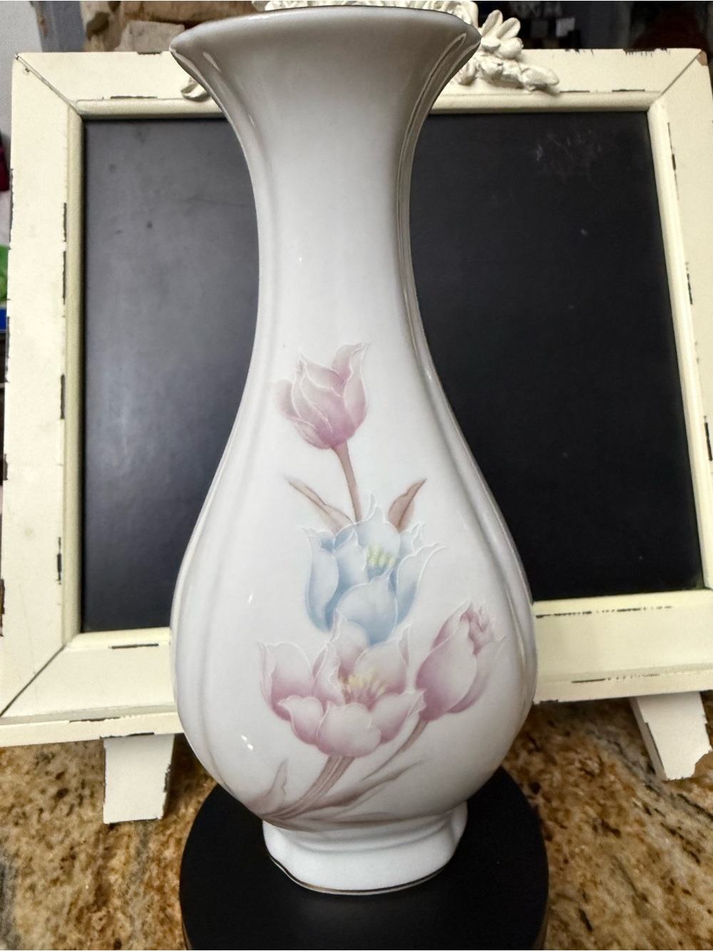 Delicate White Vase with Pastel Pink and Blue Floral Motif